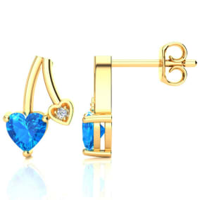 3/4ct Blue Topaz and Diamond Heart Earrings In 10k Yellow Gold