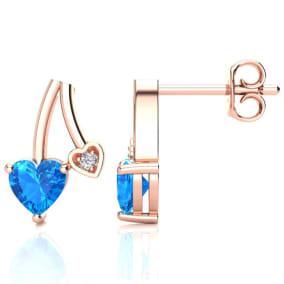 3/4ct Blue Topaz and Diamond Heart Earrings In 10k Rose Gold