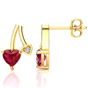 3/4ct Created Ruby and Diamond Heart Earrings In 10k Yellow Gold