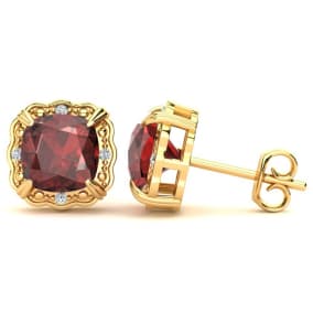 2ct Cushion Cut Garnet and Diamond Earrings in 10k Yellow Gold