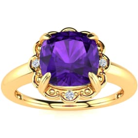 2ct Cushion Cut Amethyst and Diamond Ring in 10k Yellow Gold