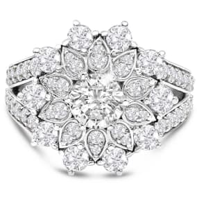 14K White Gold 3 Carat Natural Diamond Flower Ring, With 3/4 Carat Natural Center Diamond