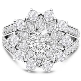 14K White Gold 3 Carat Diamond Flower Ring, With 3/4 Carat Center Diamond