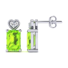 1ct Octagon Shape Peridot and Diamond Earrings in 10k White Gold