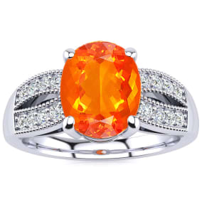 1-1/3 Carat Fire Opal Ring and Diamonds In 14 Karat White Gold