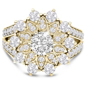 14K Yellow Gold 3 Carat Diamond Flower Ring, With 3/4 Carat Center Diamond