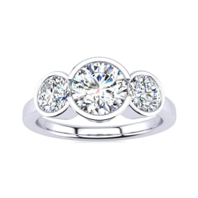 2 1/4 Carat Natural Bezel Set Three Stone Diamond Ring In 14K White Gold
