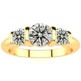 0.90 Carat Natural Bar Set Three Stone Diamond Ring In 14K Yellow Gold