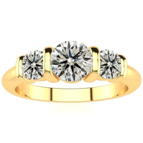 0.90 Carat Bar Set Three Stone Diamond Ring In 14K Yellow Gold