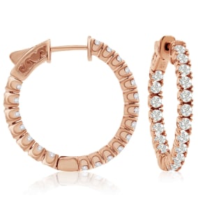 1 1/2 Carat Crystal Hoop Earrings In 14K Rose Gold Over Sterling Silver, 1 Inch