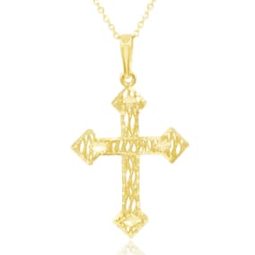 14 Karat Yellow Gold 3-D Cathedral Cross Necklace With Free 18 Inch Chain