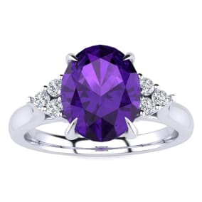 1 1/2 Carat Oval Shape Amethyst and Diamond Ring In 14K White Gold