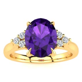 1 1/2 Carat Oval Shape Amethyst and Diamond Ring In 14K Yellow Gold