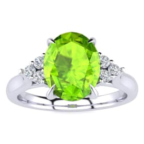 2 Carat Oval Shape Peridot and Diamond Ring In 14K White Gold