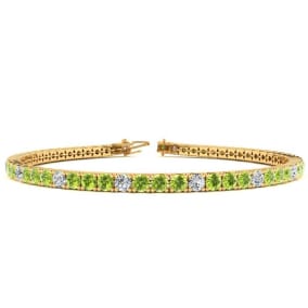 3 1/2 Carat Peridot And Diamond Alternating Tennis Bracelet In 14 Karat Yellow Gold Available In 6-9 Inch Lengths