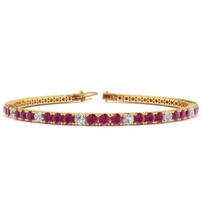 4 1/3 Carat Ruby And Diamond Alternating Tennis Bracelet In 14 Karat Yellow Gold Available In 6-9 Inch Lengths