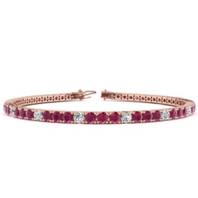 4 1/3 Carat Ruby And Diamond Alternating Tennis Bracelet In 14 Karat Rose Gold Available In 6-9 Inch Lengths