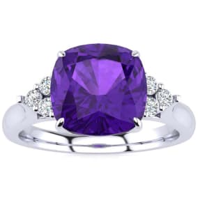 2 1/5 Carat Cushion Cut Amethyst and Diamond Ring In 14K White Gold