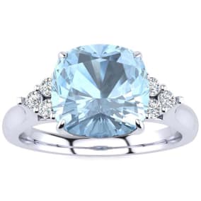 Aquamarine Ring: Aquamarine Jewelry: 2 1/5 Carat Cushion Cut Aquamarine and Diamond Ring In 14K White Gold