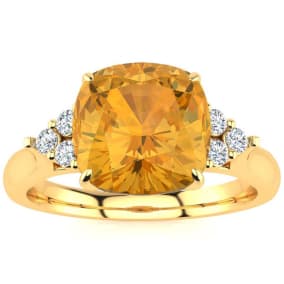 2 1/5 Carat Cushion Cut Citrine and Diamond Ring In 14K Yellow Gold