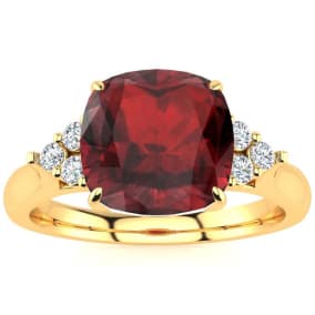 Garnet Ring: Garnet Jewelry: 3 1/3 Carat Cushion Cut Garnet and Diamond Ring In 14K Yellow Gold