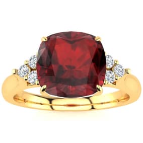 3 1/3 Carat Cushion Cut Garnet and Diamond Ring In 14K Yellow Gold