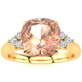 3-1/5 Carat Cushion Cut Morganite and Diamond Ring In 14K Yellow Gold