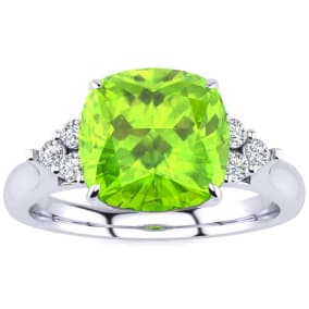 2 2/3 Carat Cushion Cut Peridot and Diamond Ring In 14K White Gold