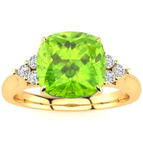 2 2/3 Carat Cushion Cut Peridot and Diamond Ring In 14K Yellow Gold