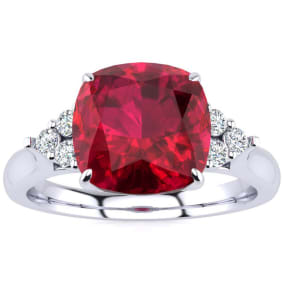 3 1/5 Carat Cushion Cut Ruby and Diamond Ring In 14K White Gold