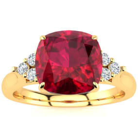 3 1/5 Carat Cushion Cut Ruby and Diamond Ring In 14K Yellow Gold