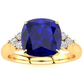 3 1/5 Carat Cushion Cut Sapphire and Diamond Ring In 14K Yellow Gold