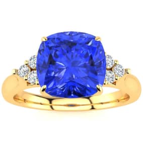 2 2/3 Carat Cushion Cut Tanzanite and Diamond Ring In 14K Yellow Gold