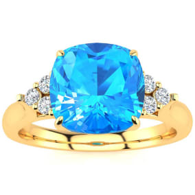 2 3/4 Carat Cushion Cut Blue Topaz and Diamond Ring In 14K Yellow Gold