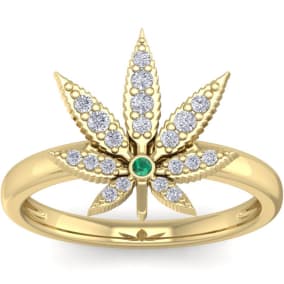 1/5 Carat Diamond and Emerald Weed Leaf Ring In 14K Yellow Gold