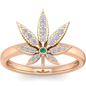 1/5 Carat Diamond and Emerald Weed Leaf Ring In 14K Rose Gold