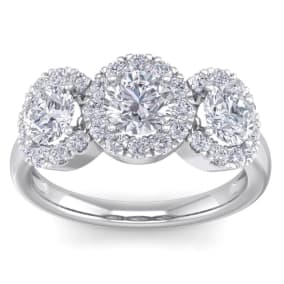 2 Carat Round Shape Halo Diamond Three Stone Ring In 14K White Gold