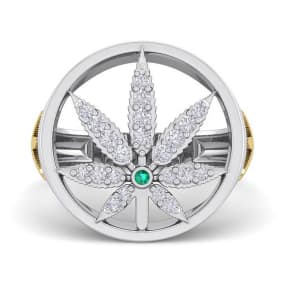 Mens 1/3 Carat Diamond and Emerald Weed Leaf Ring In 14K White Gold