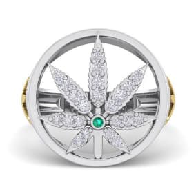 Mens 1/3 Carat Diamond and Emerald Weed Leaf Ring In 14K White Gold