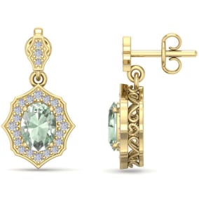 1 2/3 Carat Oval Shape Green Amethyst and Diamond Dangle Earrings In 14 Karat Yellow Gold
