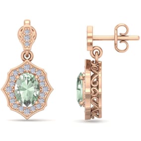 1 2/3 Carat Oval Shape Green Amethyst and Diamond Dangle Earrings In 14 Karat Rose Gold