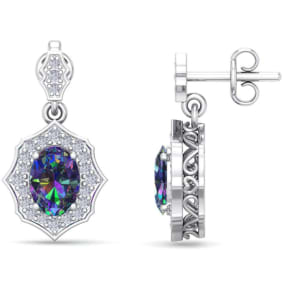 1 2/3 Carat Oval Shape Mystic Topaz and Diamond Dangle Earrings In 14 Karat White Gold