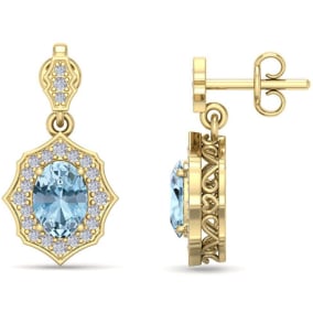 1 3/4 Carat Oval Shape Aquamarine and Diamond Dangle Earrings In 14 Karat Yellow Gold