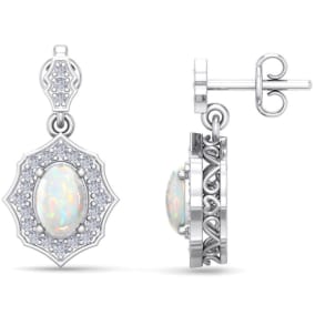 1 3/4 Carat Oval Shape Opal and Diamond Dangle Earrings In 14 Karat White Gold
