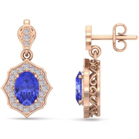 2 1/5 Carat Oval Shape Tanzanite and Diamond Dangle Earrings In 14 Karat Rose Gold