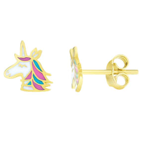 14 Karat Yellow Gold Kids Unicorn Stud Earrings
