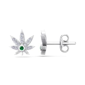 1/4 Carat Natural Diamond and Emerald Weed Leaf Earrings In 14K White Gold