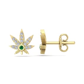 1/4 Carat Diamond and Emerald Weed Leaf Earrings In 14K Yellow Gold