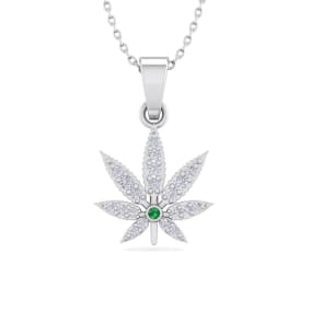 1/4 Carat Natural Diamond and Emerald Weed Leaf Necklace In 14K White Gold