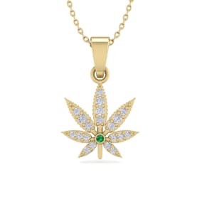 1/4 Carat Diamond and Emerald Weed Leaf Necklace In 14K Yellow Gold